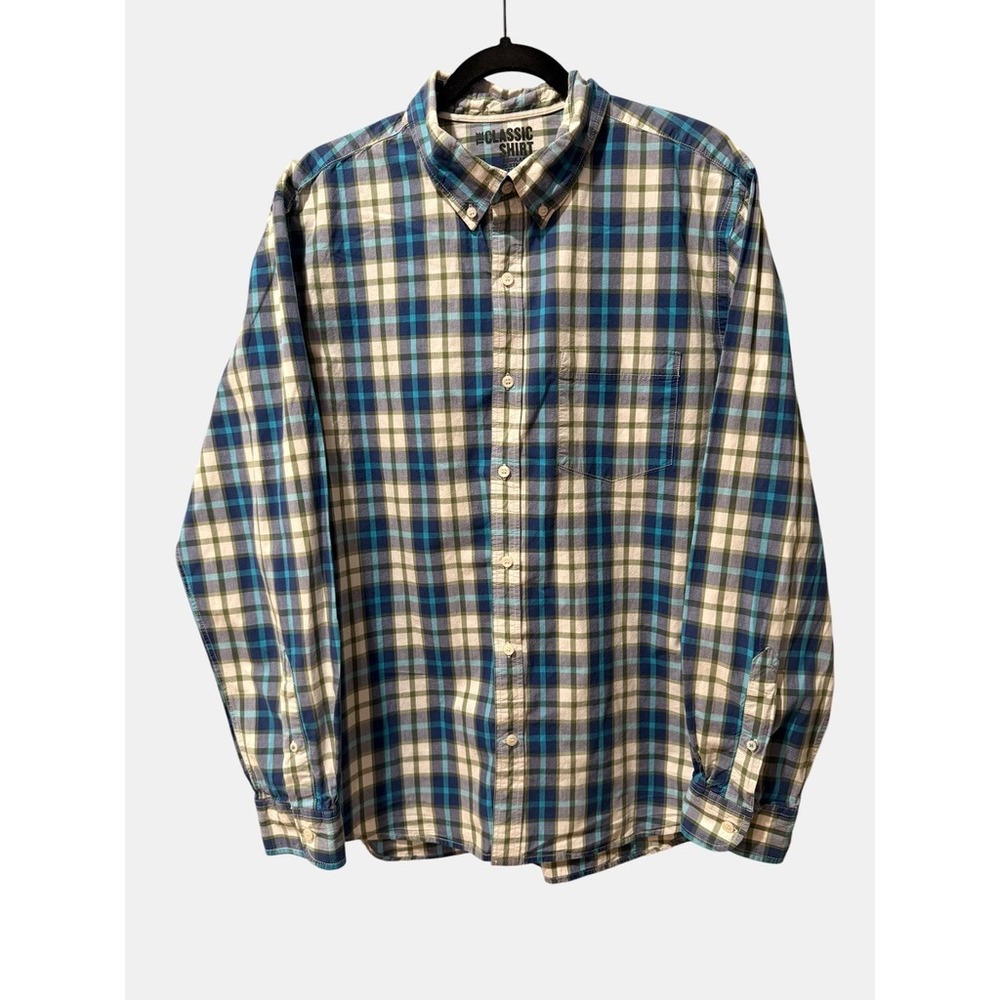 Old Navy Mens XL Classic Shirt Regular Fit Plaid Button Down Blue Green Cotton